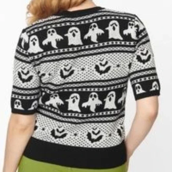 NWT Unique Vintage Black Black & Grey Ghost Delight Fair Isle Knit Top 3x - Picture 3 of 9